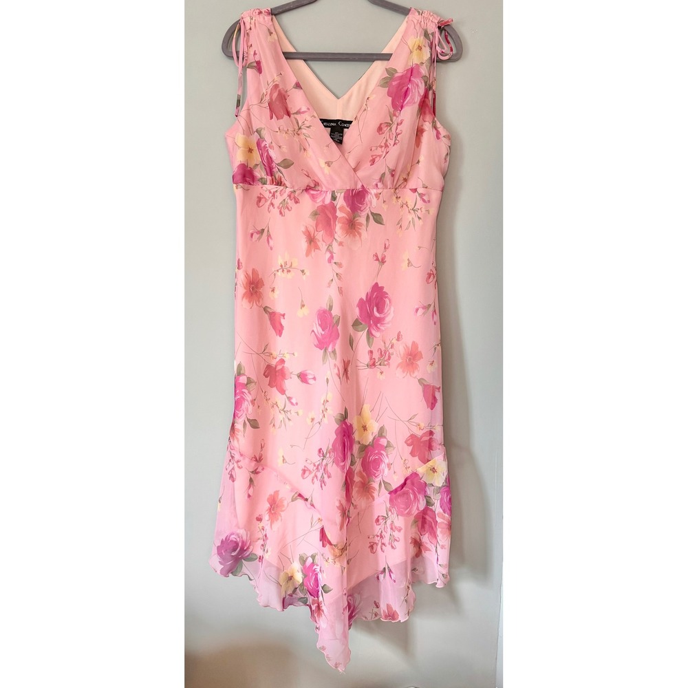 Vintage Y2K Pink Floral Chiffon Handkerchief Hem Coquette Midi Dress Fits L-XL